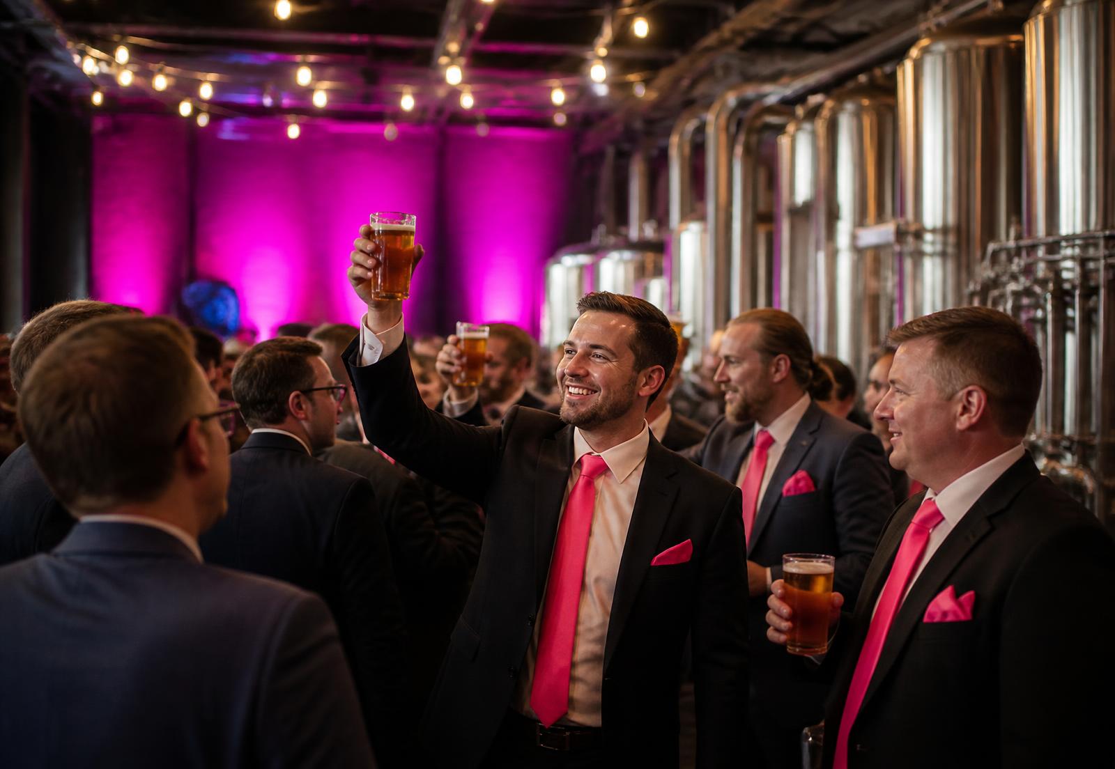 Guests in suits and pink ties raising glasses at a brewery tasting room event